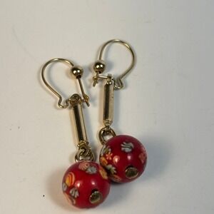 Millefiori Glass Bead Drop Earrings Red Floral Gold Tone Kidney Wire Hook